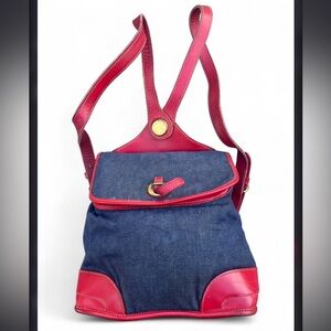 Dooney & Bourke Vintage Chambray Denim and Red Leather Backpack